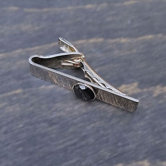 Vtg hematite silver tone tie clip & cuff link set - Picture 5 of 10